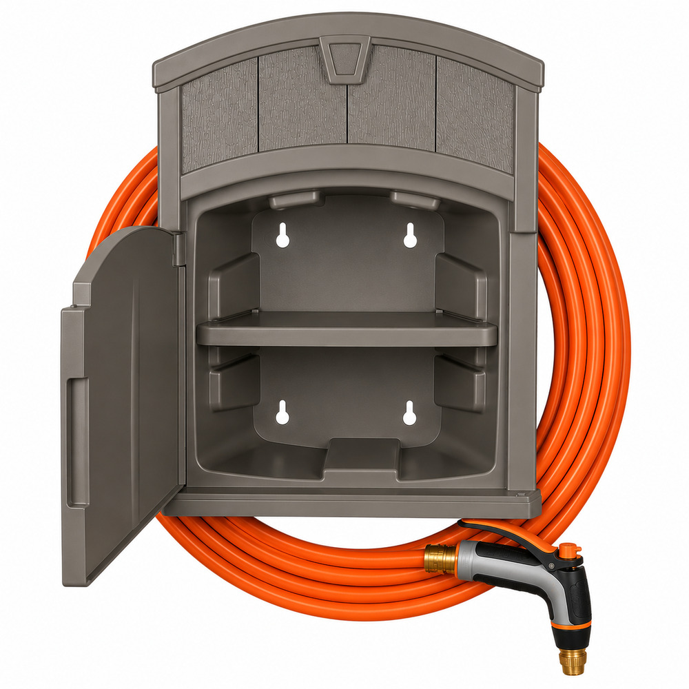 Hose Hanger Cabinet Wall Mount Brown Resin 150 ft w/ Storage by Suncast